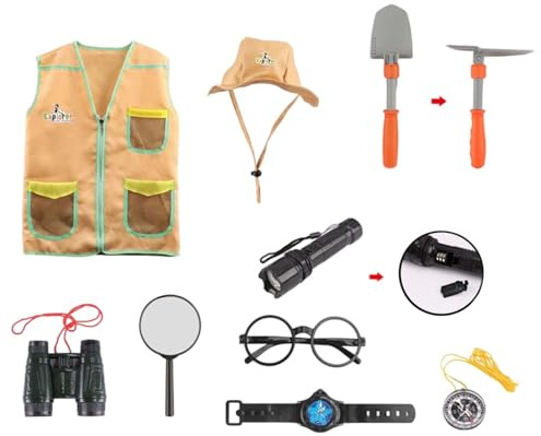 Kit Esploratore Bambini Cattura Insetti Bambini Giocattoli per Avventura con Veste Cappello Binocolo Lente d'Ingrandimento Retino per Farfalle Bussola Giochi di Esplorazione Regalo per Bambini