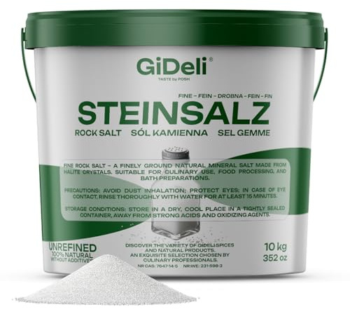 GiDeli Sal de roca fina, 10 kg, natural, sin refinar, sin aditivos, para cocina, procesamiento de alimentos, baños