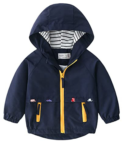 Volunboy Little Boys Hooded Jacket, Cartoon Print Windproof Windbreaker Zip Coat Outwear