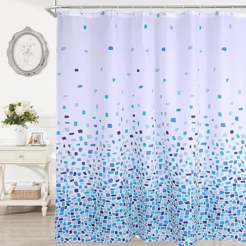 Shower Curtain, Mould Proof Resistant and Waterproof Washable Polyester Fabric with 12 Hooks, Quick Dry, Shower Curtain for Bathroom, Wet Rooms, Shower, Bath (Mosaic Blue, 180x180cm)