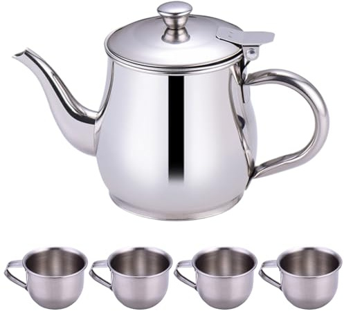 Service à thé pour Enfants Comprenant Une théière Portable à Long Bec en Acier Inoxydable de 330 ML avec écran filtrant et 4 Tasses de 70 ML pour Enfants Camping Cadeaux la Maison Service thé pou
