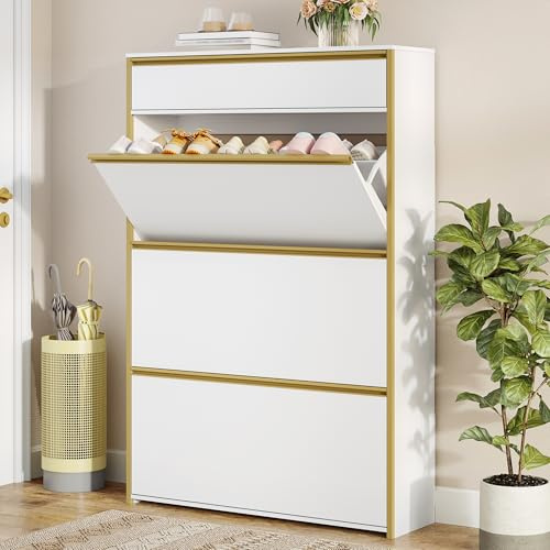 HEXCELEN Meuble à Chaussures avec 3 Battants, 18 à 24 Paire, Blanc-Or