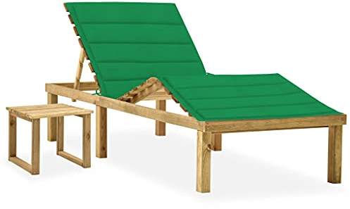 Owoxanthellate Sonnenliege Kiefer imprägniert 200x70 cm verstellbare Holz-Gartenliege mit Tisch und grüner Auflage faltbar wetterfest für Garten Terrasse Balkon