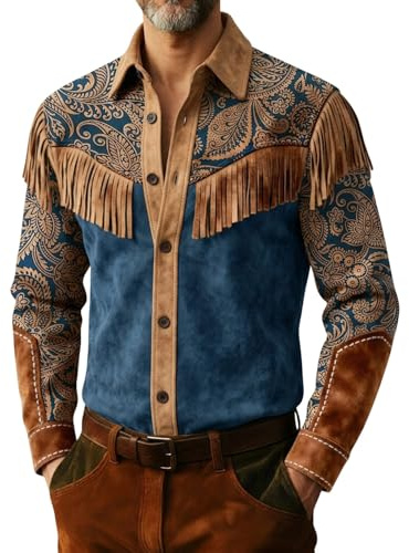 Veste de cowboy occidental en cuir pour homme - Manches longues - Chemise à franges élégante rétro boutonnée - Coupe ajustée - Chemise western - Costume de carnaval - Vintage - Veste à franges - Veste
