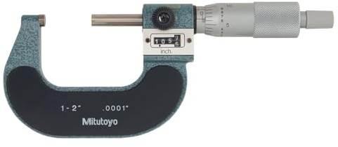 Mitutoyo 193-212 Digit Outside Micrometer, Friction Thimble, 1-2 Range, 0.0001 Graduation, +/-0.0001 Accuracy, Carbide Measuring Faces, Satin Chrome Finish, Hammertone Enamel Case