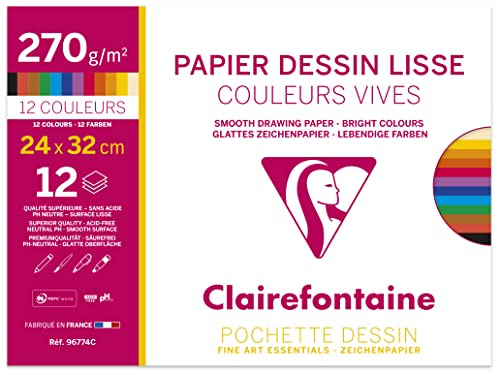 Clairefontaine 96774C - Pochette per Disegno scolastico - 12 Fogli di carta da disegno lisci Colori Vivaci Assortiti - 24x32 cm 270g - Ideale per le arti plastiche