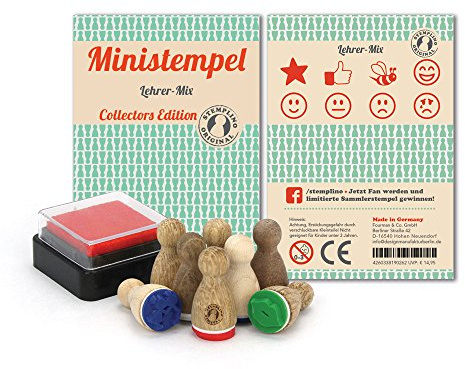 Stemplino Stempel Lehrer Stempelset Holzstempel für Lehrer Lobstempel Smiley Bienchen Like Stern original inkl. Stempelkissen