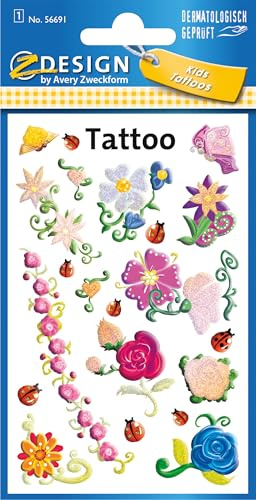 AVERY Zweckform 56691 Tattoo Kinder 20 Stück: Temporäre Tattoos Blumen, Wasserfest, Kindersicher, Dermatologisch Geprüft, Mitgebsel, Partyspiele, Tattoo Mädchen