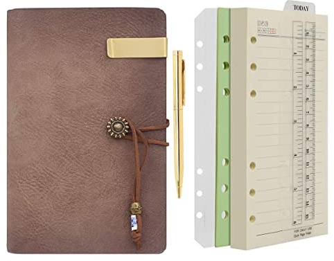 Wonderpool Carpeta de anillas de cuero para diario, cuaderno de papel recargable con forro de escritura, 6 anillos con blocs de notas para viajes de oficina y agenda de planes (a-Marrónrosa, A6)