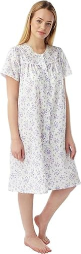 iTRONiK Ladies Pink or Blue or Purple Floral Poly Cotton button through Nightdress Nightie Size 10-32 Plus Size (Lilac, 24-26)
