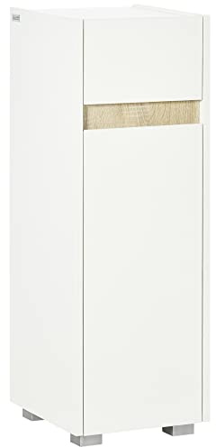 kleankin Mobiletto Bagno con Cassetto e Armadietto con Mensola Regolabile, Mobile Bagno Multiuso in Legno, 30x33x88cm, Bianco