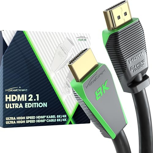 KabelDirekt – Câble HDMI 2.1, édition certifiée Gamer – 2 m (Ultra High Speed/48G pour 10K, 8K ou 144 Hz ultra rapide en 4K, optimal pour PS5/Xbox et Gaming PC, moniteur/TV, gris)