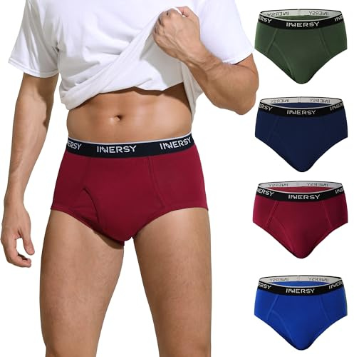 INNERSY Briefs Men Cotton Underpants with Fly Pants Underwear Breathable Hipster Multipack 4 (XXL, Blue/Wine/Green/Navy)