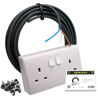 SHPELEC® 13A Socket Extension Kit c/w 5m BASEC Electrical Twin and Earth 6242YH Cable & PVC Back Box 2 Gang Socket Double Cable Mains 230V