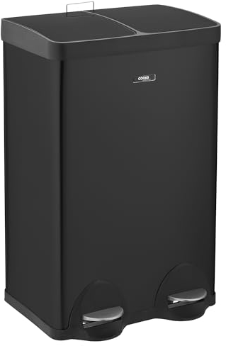 Cooks Professional Dual Pedal Recycle Bin 60L | 2 x 30L Removable Compartments & Soft Close Lids | Twin Double Section Stainless Steel Kitchen or Office Dustbin for Recycling or Waste | Black