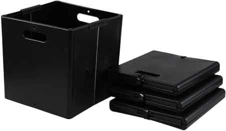 Sosody 4 Packs Plastic Foldable Storage Cube Boxes, Collapsible Storage Cubes with Handles, Black