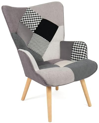 IDMarket - Fauteuil scandinave Ivar en Tissu Patchwork Noir, Gris et Blanc