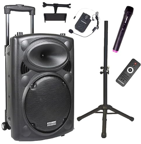 DYNASONIC - DYNAPRO 12 Plus (3ª Generación Pack Tripode) Altavoz Bluetooth Portatil Profesional, Altavoz Bluetooth Potente 700W 2 microfonos Karaoke, Soporte Tablet y tripode UHF