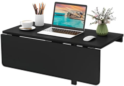 Giantex Wall Mounted Folding Table, 31.5 x 23.5 Wood Murphy Drop-Leaf Table, Space Saving Foldable Floating Desk, Wall Desk Fold Down for Small Spaces, Study, Bedroom, Bathroom (Black)