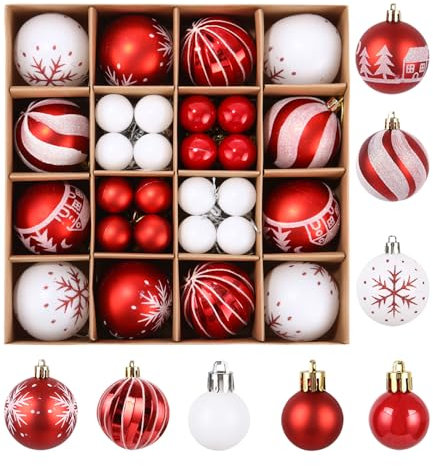 Kunststoff Weihnachtskugeln Set, 44 Stücke - Christbaumkugeln in 6cm und 3cm, Rot und Weiße, Weihnachtsdeko für Innen und Aussen