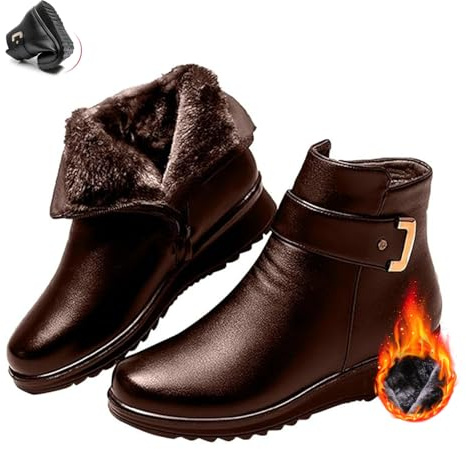 POIOZXD Bottines en cuir véritable avec boucle métallique pour femmes, bottes orthopédiques en laine pour l’hiver, doublées de peluche chaude et antidérapantes avec fermeture éclair latérale à la