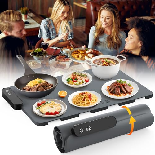 Bojinsey Bandeja Calefactora Eléctrica de Silicona - 5 Temperaturas y 6 Tiempos de Calentamiento Rápido, Enrollable (Gris Oscuro)