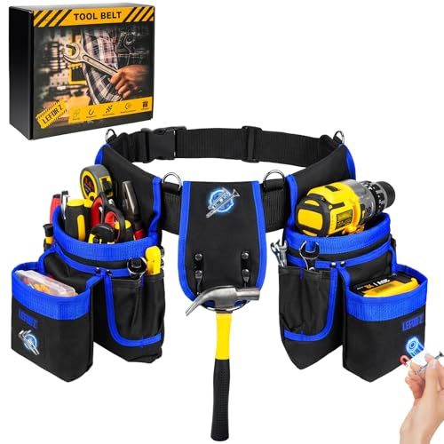 Tool Belt,Magnetic Tool Pouch,27-Pockets Heavy Duty Tool Belts for Men,Detachable Tool Pouch Bag for Electrician,Carpenter,Construction,Work Apron,Utility Belt,Valentines Day Gifts for Men,Black,Blue