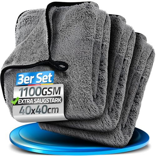 LOCO BIRD Mikrofasertücher Auto 1100 GSM - extrem saugstarke Microfasertücher - flauschig weiches Trockentuch Auto - Microfasertuch für Autopflege - Trockentuch in 40x40cm - Fensterputztücher 3er Set