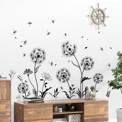 Tanlaby Dente di Leone Nero Adesivi Murali Piante Farfalla Sticker Murali Fiori da Giardino Decorazione Murale per Soggiorno Camera da Letto Ufficio TV Divano Bagno Sfondo