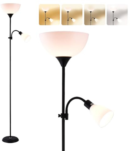 Lampara de Pie Salon con Brazo de Lectura de Iluminación hacia Arriba, Compatible con Bombillas E27 y E14, No Incluye Bombillas, 3 Colores a elegir (Negro)