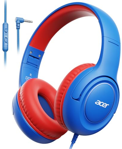 Acer Cuffie per Bambini, Cuffie con Filo Limite di Volume 85/94 dB, Jack da 3,5 mm, Pieghevoli e Regolabili, Suono Stereo Over-ear, Cuffie Bambini per iPad/Kindle/PC/Tablet/Scuola/Viaggi(Blu Rosso)
