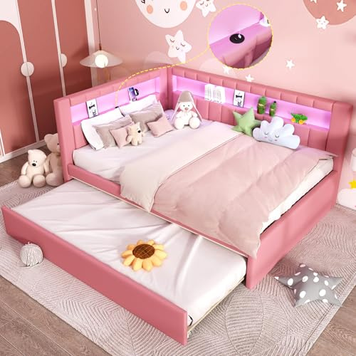 KALALLA Upholstered Full Size Daybed with Trundle, Day Bed Frame with Storage L-Shaped Headboard USB Ports and LED Belt, No Box Spring Needed for Kids, Girls, Adults - Pink
