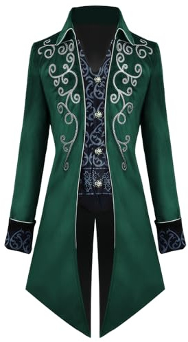 YORDET Steampunk, cappotto da uomo con frack gotico, retrò, medievale, rinascimentale, gonna vittoriana, costume per cosplay di Halloween (verde, S)