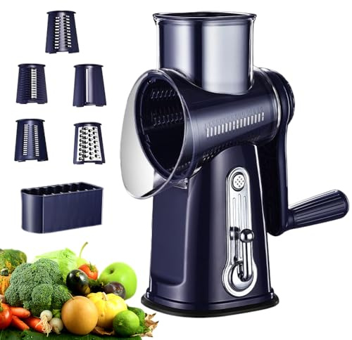 BEOSIOR Rotary Cheese Grater Round Mandolin Slicer, Handheld Shredder with 5 Blades, Kitchen Manual Speed Walnut Grinder for Potato, Carrot, Vegetables, Nuts, Zucchini (Dark Blue)