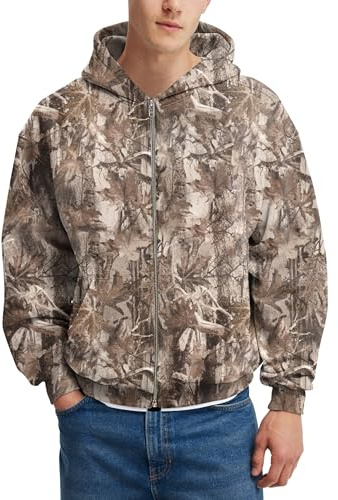 MSBESYOR Mens Camo Zip Up Hoodie Fleece Hunting Jacket Maple Leaf Print Oversized Long Sleeve Hooded Sweatshirt
