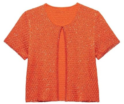 LXHZSY Gilet Sans Manche Femme Cardigan en tricot à paillettes for femme, col rond, manches courtes, boutons, sans, avec bretelles(Orange cardigan,S)