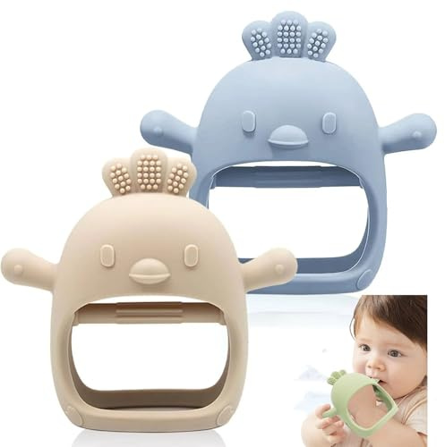 TKLake 2-Pack Teething Mittens for Babies 0-6 Months Silicone Baby Teething Toys, Infant Hand Teether for Boy Girl, Teething Relief Biting Toys, Newborn Shower Gifts(Beige & Blue)