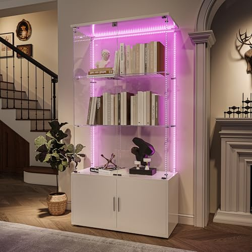 Vetrina in vetro con LED, armadio vetrina per collezione con base armadietto, vetrina da parete per collezione moderna con 3 ripiani e 2 porte, VitRine su piano in vetro (bianco-1, 78.51x35x164)