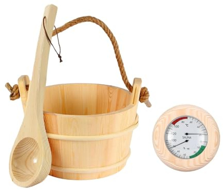 Jiuvaso Set di secchio e mestolo per sauna, accessori per sauna, resistenti all'usura, portatili, con maniglia, con termoigrometro, secchio in legno