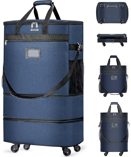 WELIDAY Suitcases with Wheels Expandable Luggage Bag Foldable Suitcase with 4 Universal Wheels Collapsible Rolling Travel Bag Large Capacity Duffel Bag (Blue)
