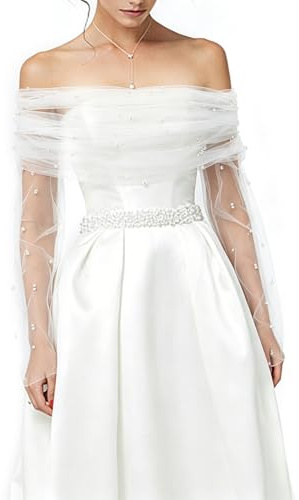 WEBEEDY Set di Scialle Bianco in Tulle Perline e Guanti da Sposa, Mantello da Sposa in Chiffon Tulle Bolero & Maniche Spalla Sposa Copre Abito da Sposa Accessori Abito