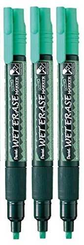 Pentel Green Wet Erase Chalk Marker Pens Metal Glass Plastic Stone Blackboard Chalkboard 4mm Chisel Nib With 1.5mm - 4mm Line Width SMW26-DO (Pack Of 3)