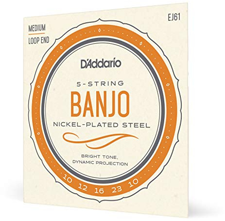 D'Addario Banjo Strings, Nickel-Plated Steel, EJ61, Medium Gauge 10-23, 5-String Set, Pack of 1