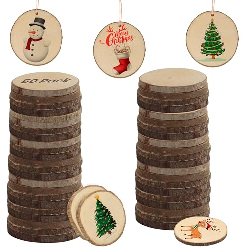 Kurtzy Natürliche Runde Holzscheiben zum Basteln (50er Pack) - 3-5cm Durchmesser - Holzscheiben Rund mit Rinde und Ohne Loch - Holzschilder zum Beschriften für DIY Kunst und Weihnachtsschmuck