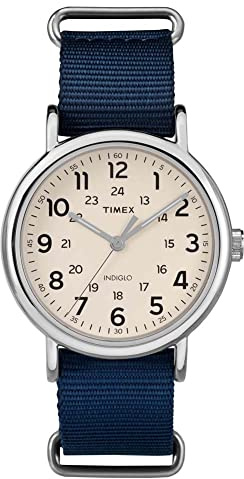Timex Men's Weekender 40mm Watch – Silver-Tone Case Cream Dial with Blue Fabric Slip-Thru Strap