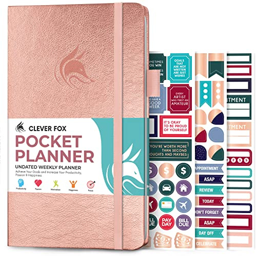 Clever Fox fickplanerare veckovis – odaterad månatlig målplanerare och kalender, miniplanerare perfekt för handväska, 10 x 17,5 cm (roséguld)
