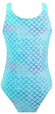 ranrann Badeanzug Mädchen Schwimmanzug Ärmellos Swimsuit Einteiler Bademode mit Cartoon Druck Kinder Badebekleidung Strandmode Grün Meerjungfrau 134-140/9-10 Jahre