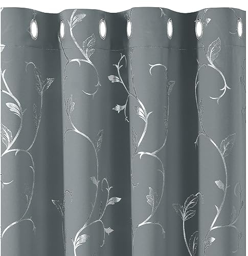 BUHUA Verdunkelungsgardinen mit Ösen, Thermo Gardinen Blickdicht Vorhänge, Verdunkelungsvorhänge Weinstock Muster Wohnzimmer, 2er Set H 137 x B 117 cm, Hellgrau