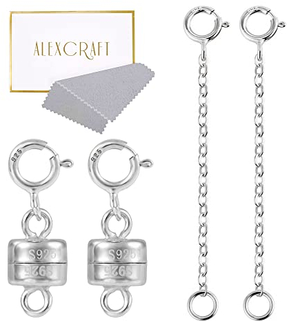 KISSPAT 2 Paar Silber Magnetverschluss und Kettenverlängerung Set, 925 Sterling Silber Magnetverschluss, Magnetverschluss Kette, für Halskette Armband Schmuck