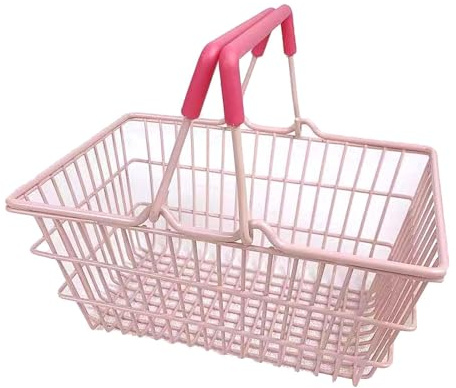 Cyrank Mini Pink Shopping Basket for Kids, Portable Iron Storage Basket with Handles, Good Decoration for Home